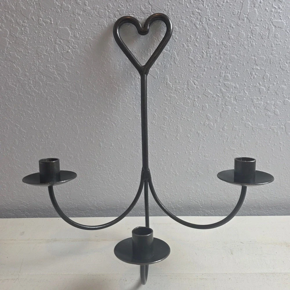 Black Wrought Iron 3 Light Heart Candelabra Taper Candle Holder Rustic Farmhouse